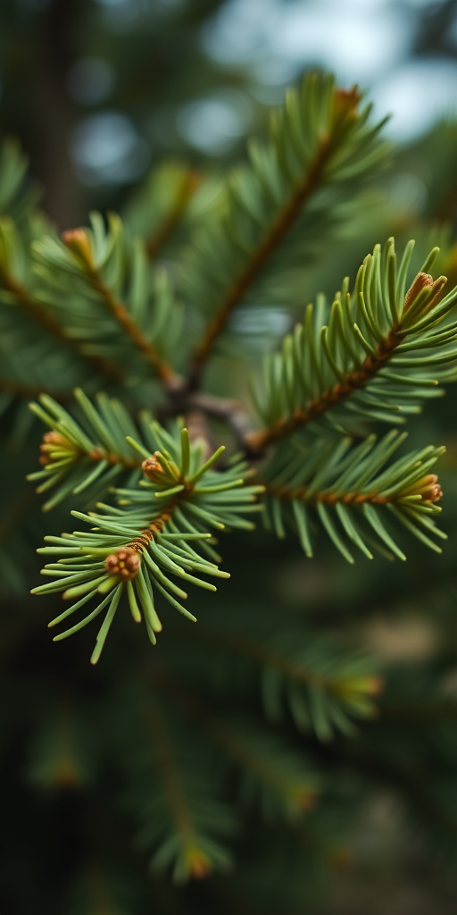 Close-up of fresh green pine tree branches with soft focus background, aperture f/2.8, shutter speed 1/500s, ISO 200, natural lighting, DSLR camera, shallow depth of field, 50mm lens.
