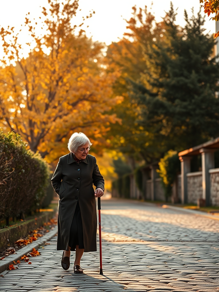 An elderly woman walking with a cane down a cobblestone path lined with colorful autumn trees, shot with a Canon EOS R5, 50mm lens, aperture f/1.8, ISO 200, 1/400s, in soft golden hour light with a shallow depth of field.