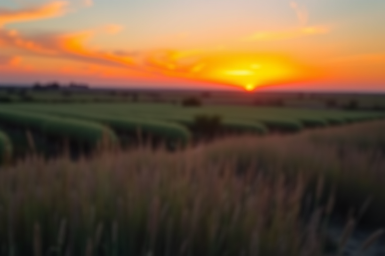 Generate an image of a serene landscape at sunset with vibrant colors, shallow depth of field, 50mm lens, f/1.8 aperture, ISO 100, shot in landscape orientation using a DSLR camera.