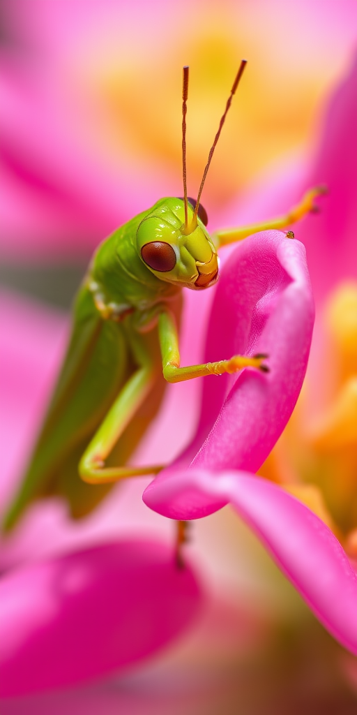 Close-up macro shot of a green grasshopper on a pink flower, using a Canon EOS 90D, f/5.6 aperture, 100mm macro lens, ISO 200, 1/200s shutter speed, shot in natural light for vibrant colors and sharp details.