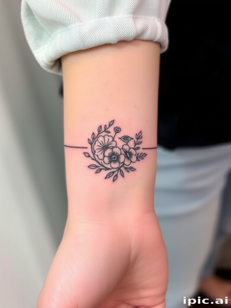 Elegant fine line tattoo wrapping around the wrist, depicting a delicate floral wreath with intricate botanical details, using thin black lines to create a subtle and feminine design