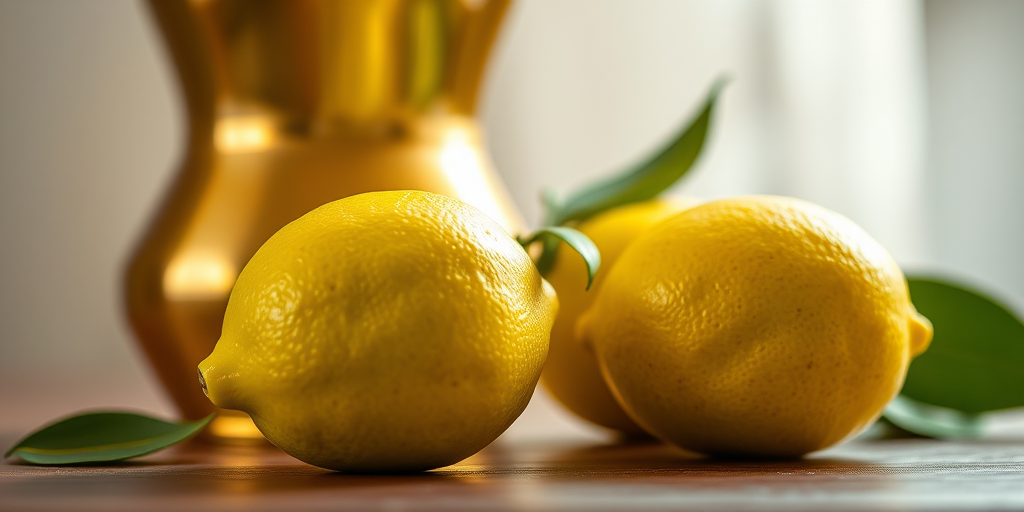 Create a still life composition featuring a golden vase and two green lemons with a soft focus background, camera settings: f/2.8, ISO 100, shutter speed 1/125s, camera view: close-up, camera style: natural lighting, camera type: DSLR.