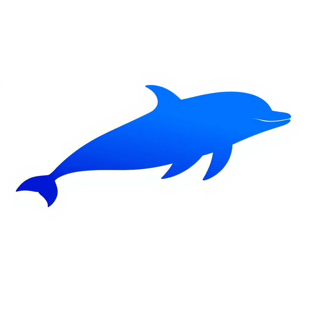 Create a high-resolution image of a stylized dolphin silhouette in a clean, modern design using a DSLR camera with a 50mm lens, aperture set to f/1.8, ISO 200, shooting from a low angle to capture a vibrant blue color scheme against a white background.