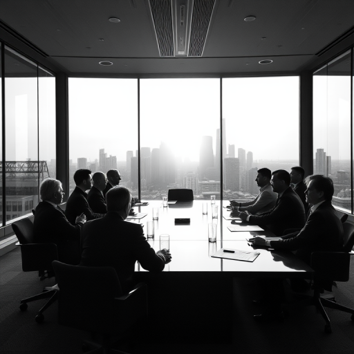 create a high-quality black and white image of a boardroom meeting with a city skyline in the background during sunset, using a Canon EOS R5 camera, f/2.8 aperture, ISO 100, focal length 35mm, wide-angle perspective, and soft focus effect to enhance depth and contrast