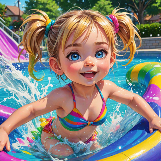A sassy caricature toddler girl with medium highlighted hair in a messy braid, light eyes, fluffy long lashes, silly funny faces, wearing a colorful swimsuit, going down a waterslide face first, lots of water, created in highlighted chalk style, vibrant colors, background is a park with acrylic paint, airbrush
