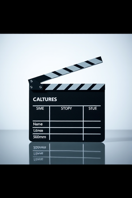 Create a high-resolution image of a clapperboard with a transparent background, using a Canon EOS R5 camera with 50mm lens, f/1.8 aperture, ISO 100, and a soft diffused lighting setup to enhance detail and clarity.
