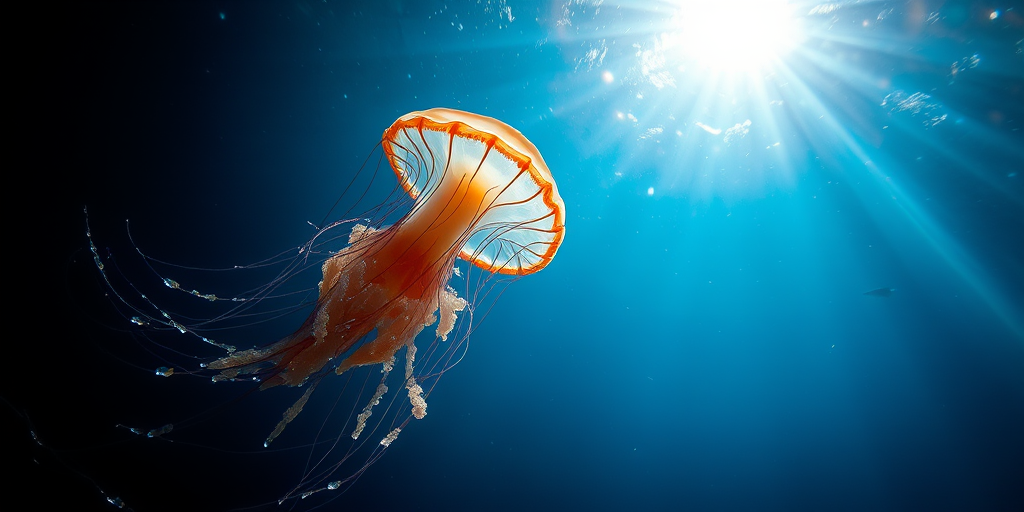 Underwater scene featuring a majestic jellyfish illuminated by sunlight filtering through the water, captured with a Canon EOS R5, 24-70mm lens at f/8, ISO 100, using a wide-angle perspective for vibrant colors and sharp details.
