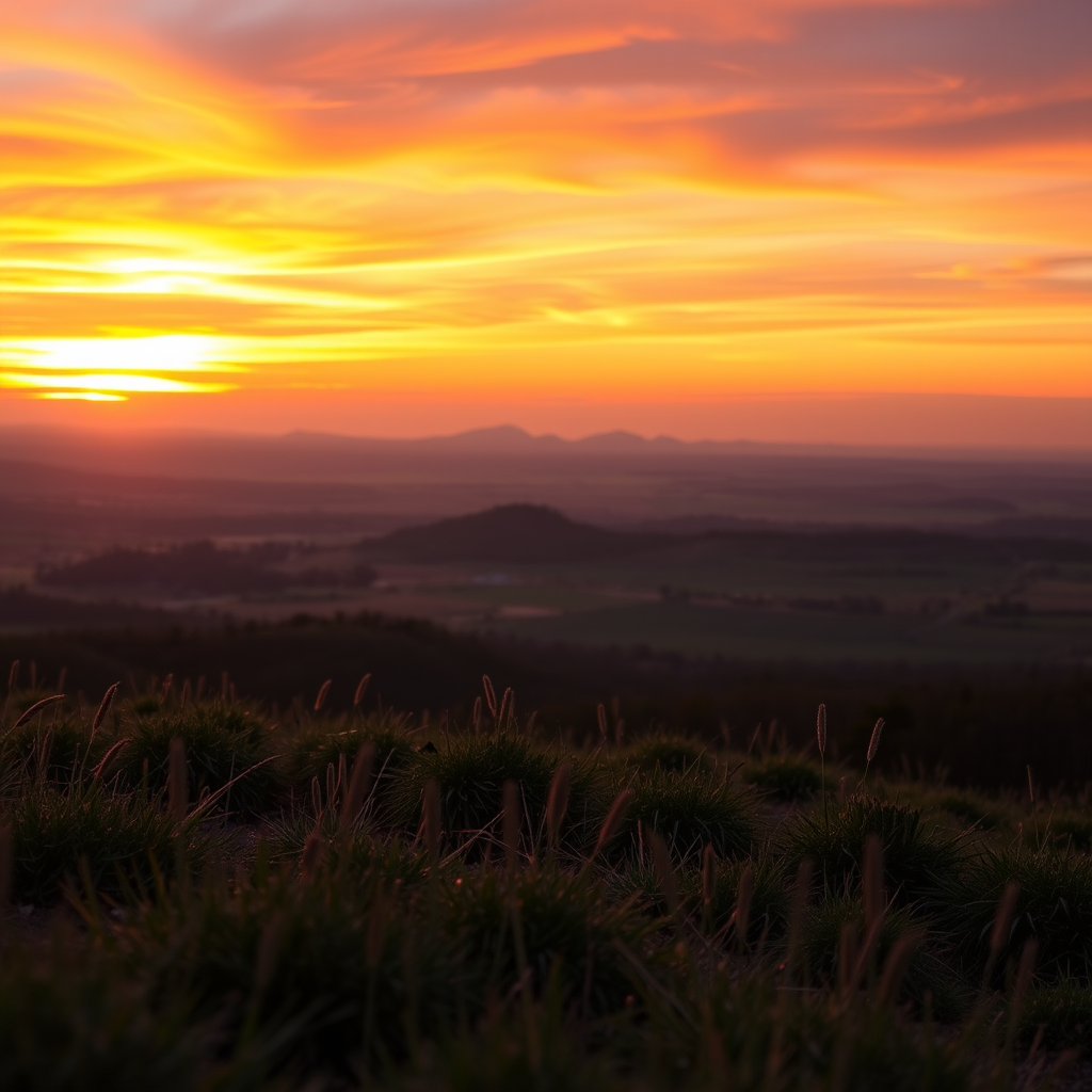 Generate a high-resolution image of a serene landscape during sunset with vibrant colors, using a DSLR camera, 50mm lens, f/1.8 aperture, ISO 100, and a low angle view for depth.