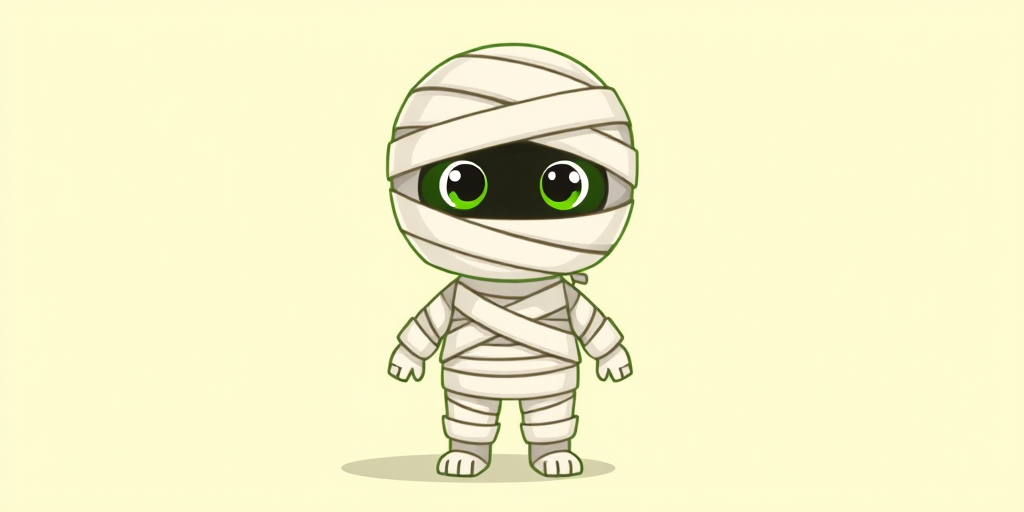Create a cute cartoon mummy character with green accents, facing forward, with a smooth and clean design, using a DSLR camera at f/2.8, ISO 100, 50mm focal length, and a shallow depth of field for a high-quality digital image.