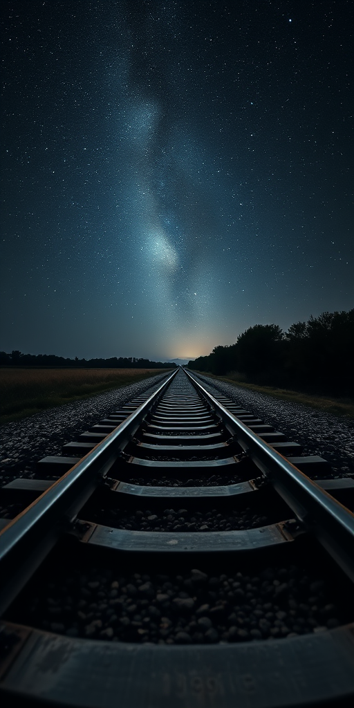Create an artistic depiction of a railway track leading into the distance under a bright starry sky, using a DSLR camera with a 50mm lens, aperture set to f/1.8, ISO 200, and a low-angle shot to emphasize depth.