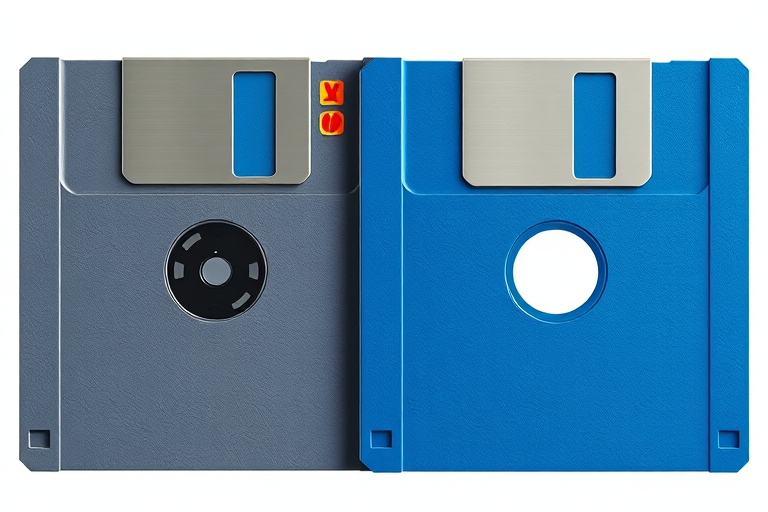 Create a high-resolution digital illustration of a blue floppy disk alongside a gray floppy disk with red and yellow labels, use a soft focus lens, set aperture to f/2.8, ISO 100, and shutter speed of 1/60s.