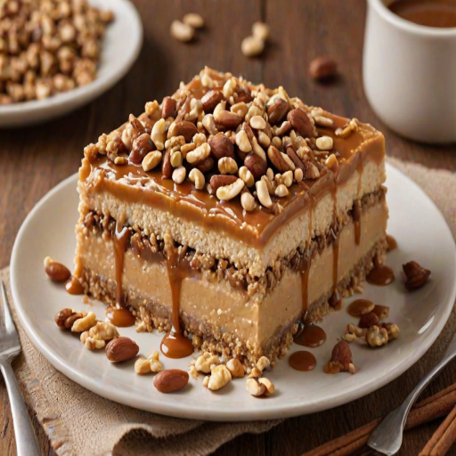Create an image of a delicious layered dessert with a crumbly base, creamy peanut butter filling, and a glossy caramel topping sprinkled with chopped nuts. The dessert should be presented on a white plate, with a slice removed to showcase the layers inside. Include a rustic background with cinnamon sticks and a small bowl of chopped nuts.