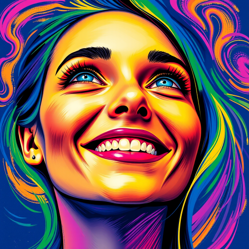 Generate a psychedelic portrait of a woman's happy face with brushstrokes of a woman smiling and looking up at the sky, emphasizing bright and bold colors. The dominant color should be deep blue, with swirling patterns of yellow, green, pink, purple and orange. open blue eyes with long eyelashes, apply an orange-yellow eyeshadow for a mesmerizing effect.