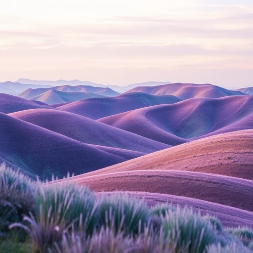Regenerate a serene watercolor landscape featuring rolling hills with a blend of purple and blue tones under a soft sky, capture the scene with a Canon EOS R5, 50mm f/1.8 lens, aperture f/8, ISO 100, shoot from a low angle for a more immersive view, and apply a natural light style to enhance colors and details.
