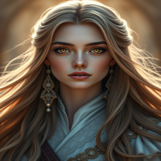 Create a highly detailed portrait of a female character with long flowing hair and striking golden eyes, adorned with elegant earrings, set against a softly glowing background, using a Canon EOS R5 camera with a 50mm f/1.2 lens, aperture set at f/1.2 for shallow depth of field, ISO 100 for image clarity, and soft lighting to enhance facial features.