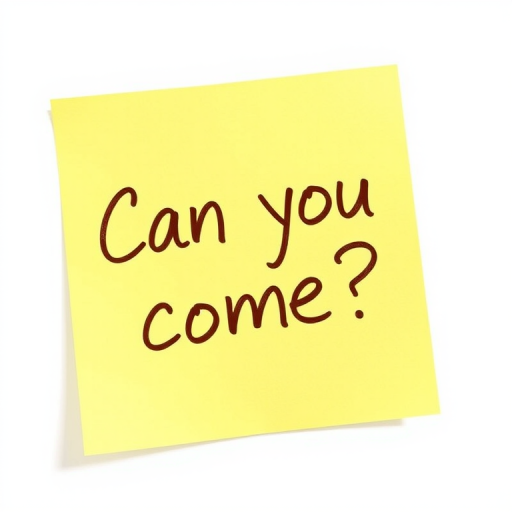 Yellow post-it note, hand written in brown pen text "Can you come??", 3d, hd, hyper realistic,
