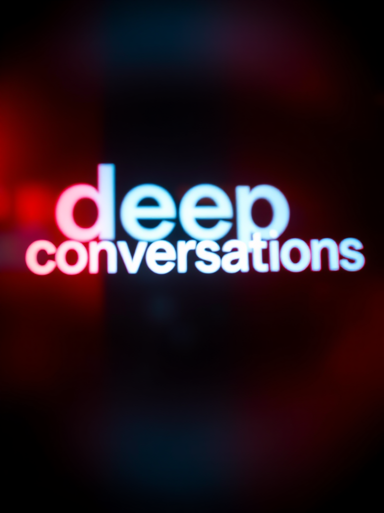 Create an abstract image featuring the phrase "deep conversations" in a distorted glow effect, utilizing soft focus with gradient colors of red, blue, and orange, shot with a DSLR camera at f/2.8, ISO 100, 35mm lens, and a cinematic style to enhance depth and vibrancy.