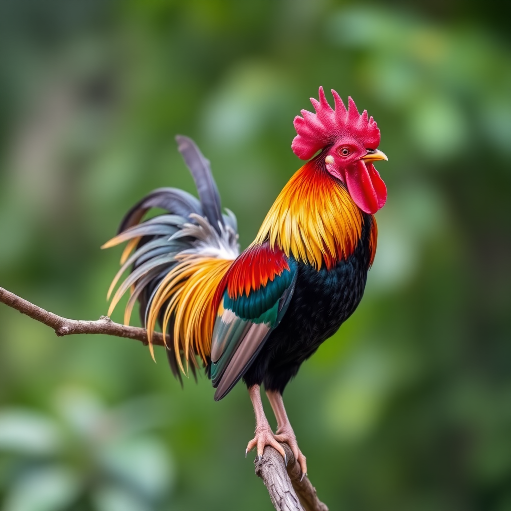 Capture a vibrant rooster perched on a branch with a blurred green background, using a 50mm lens at f/1.8, ISO 100, shutter speed 1/200s, and a shallow depth of field for a striking focus on the bird's colorful plumage, taken with a DSLR camera.