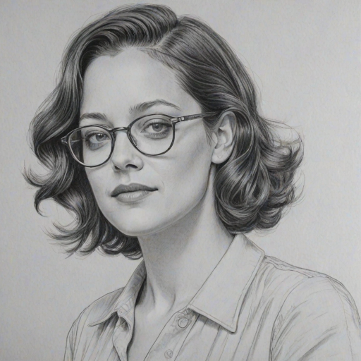 Charming Marion Cotillard, pencil sketch, portrait of Comely woman 1950s in glasses, hair style beatnik, outline, clear lines, fine lines, 8k