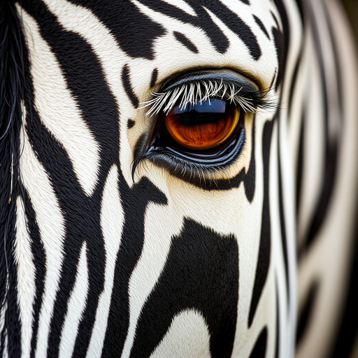 Close-up of a zebra’s face, focusing on its eye. The zebra’s distinctive black and white stripes are prominent, with its large brown eye showing detailed lashes and a slight reflection. The texture of the zebra’s skin and fur is visible, creating a sharp contrast between the dark and light stripes.