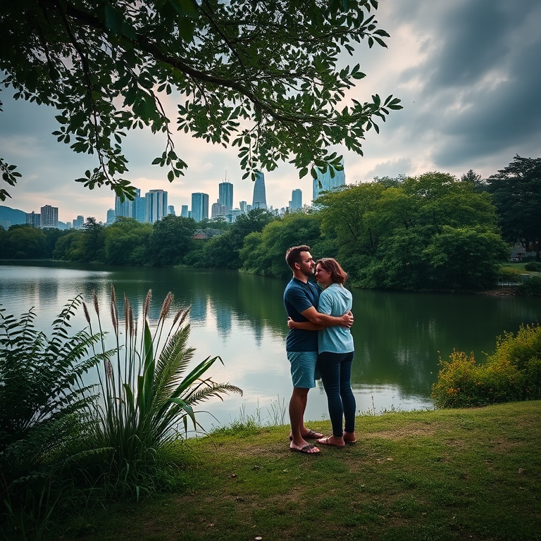 Create a serene landscape featuring a couple embracing near a tranquil water body with lush greenery and a city skyline in the background, using a Canon EOS R5 at f/2.8, ISO 100, 50mm lens, in a wide-angle view with vibrant colors and high dynamic range for enhanced image quality.