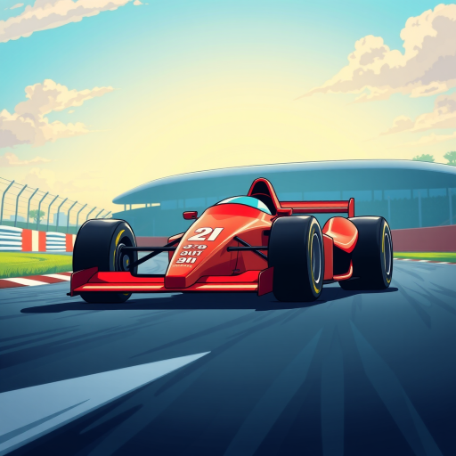 high-resolution illustration of a red racing car on a circuit track during the day, emphasis on aerodynamic design, low-angle shot, wide aperture f/2.8, shutter speed 1/500s, ISO 100, natural lighting, dynamic color palette, cartoon style