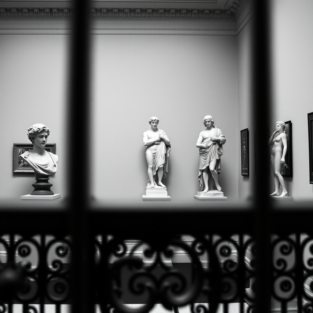 Capture a black and white photograph of a gallery interior featuring classical sculptures, including a bust and two full-body figures, framed through an ornate metal railing, using a DSLR camera, 35mm lens, f/2.8 aperture, ISO 200, and 1/60 second shutter speed for sharp detail and depth of field.