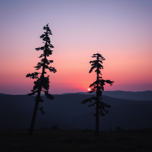 regenerate a serene landscape featuring two tall trees silhouetted against a soft pink sunset sky, with rolling hills in the background, using a DSLR camera with a 50mm lens, f/2.8 aperture, ISO 100, 1/200s shutter speed, landscape orientation, high-contrast color saturation, and soft focus to enhance image quality