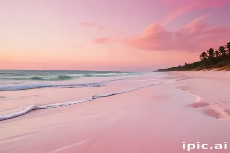 A Serene Sunset Over a Calm Beach with Gentle Waves and Palm Trees.