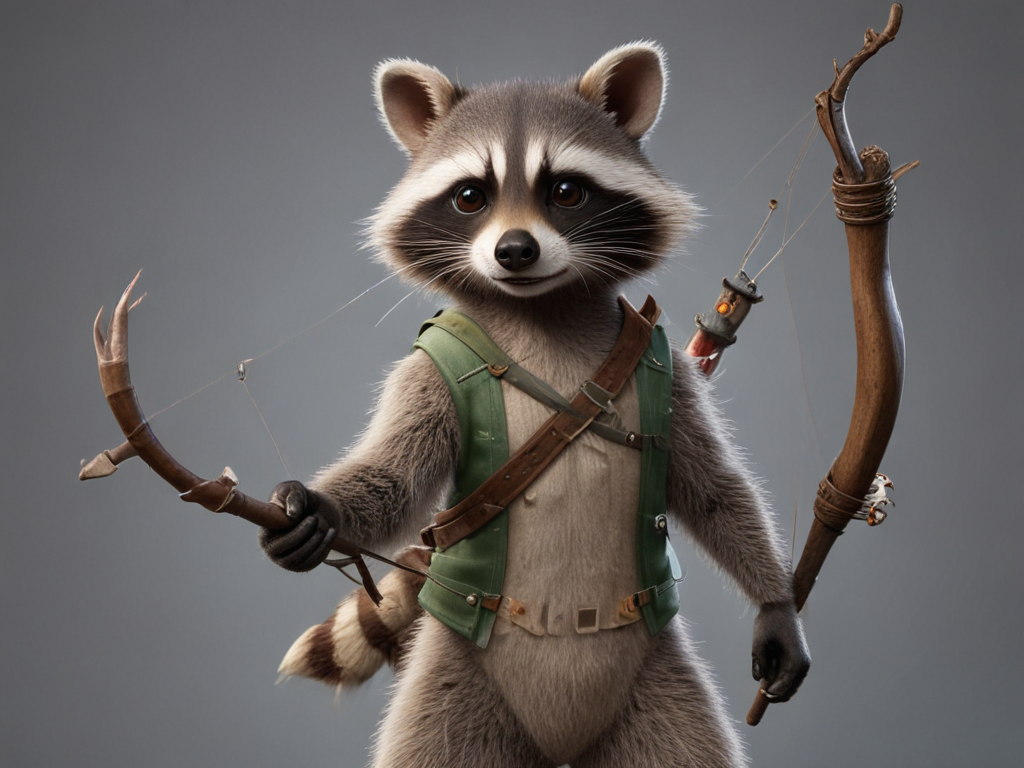 A Male raccoon with a bow in His paws. Ready to shoot on a enemy. 3d render