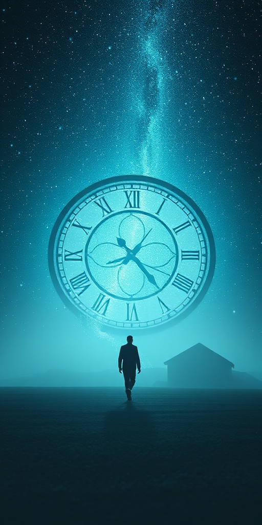 Generate a surreal image of a lone figure walking towards a massive clock surrounded by a starry cosmos, shot with a Canon EOS R5, 24mm f/1.4 lens, aperture f/2.8, ISO 100, with a shallow depth of field for a dreamy effect.