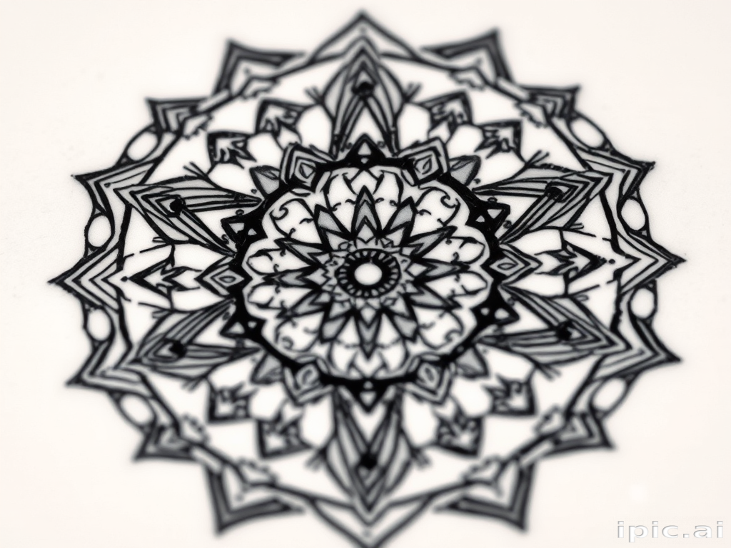 Intricate blackwork geometric tattoo called "Sacred Symmetry" showcasing a complex pattern of interconnected triangles, circles, and hexagons forming a mesmerizing mandala-like design, with bold solid black lines and precise dotwork shading creating depth and dimension in a striking monochromatic style