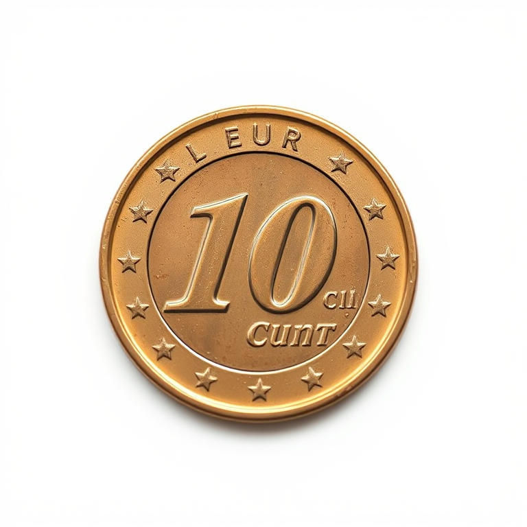 A high-resolution photo of a 10 euro cent coin centered on a white background, taken with a DSLR camera at f/2.8 aperture, ISO 100, 1/200 sec shutter speed, employing a macro lens to capture fine details and texture of the coin.
