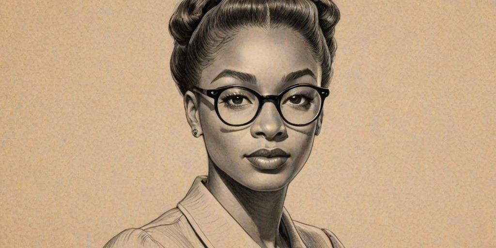 Fetching Normani, pencil sketch, portrait of Captivating woman 1940s in glasses, hair style beatnik, outline, clear lines, fine lines, 8k