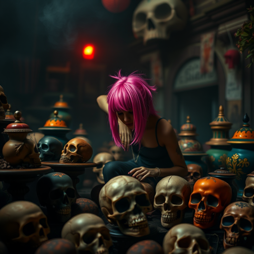 Create a scene featuring a figure with vibrant pink hair interacting with a collection of skulls and colorful urns in a dark, atmospheric setting, using a DSLR camera with an aperture of f/1.8, ISO 200, and a focal length of 50mm, positioned at eye level with a shallow depth of field to enhance details and create a moody ambiance.