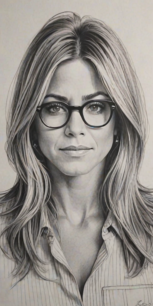 Ravishing Jennifer Aniston, pencil sketch, portrait of Bewitching woman 1964s in glasses, hair style beatnik, outline, clear lines, fine lines, 8k