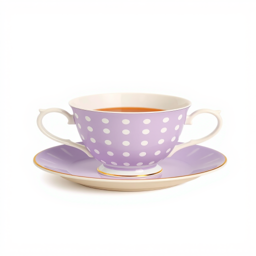 Generate a high-resolution illustration of a light purple polka-dotted teacup on a beige saucer, using a DSLR camera style with 50mm lens, f/2.8 aperture, ISO 100, and soft natural lighting for enhanced details and colors.