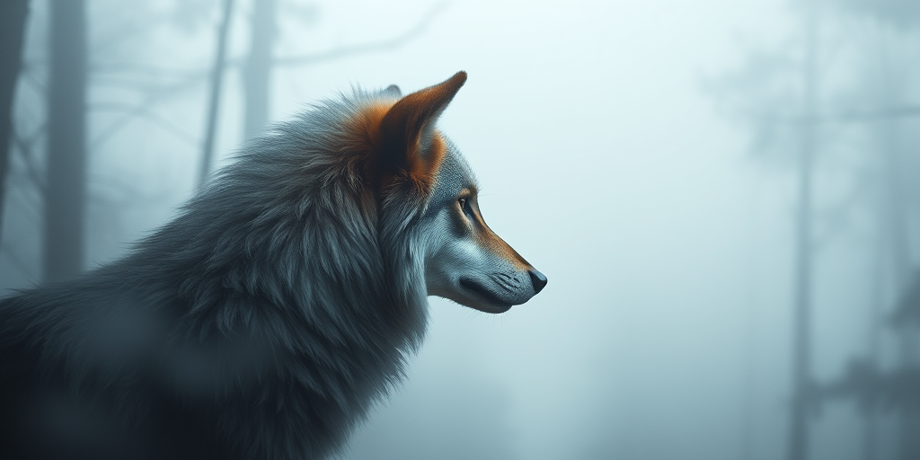 Create an ethereal image of a wolf's profile surrounded by misty forests, using a Canon EOS R5 with a 50mm f/1.2 lens, aperture set to f/2.8, ISO 100, and a shallow depth of field, capturing a dramatic contrast between the wolf and the foggy background.