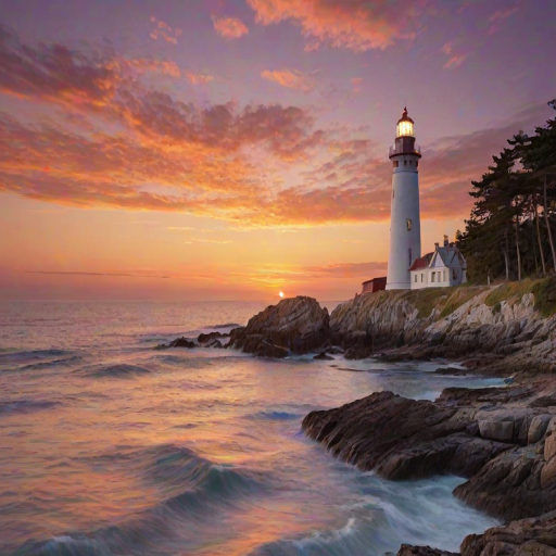 Generate an image of a tall lighthouse perched on a rocky outcrop surrounded by calm ocean waters during a breathtaking sunset. The lighthouse stands sturdy and weathered, its stone surface illuminated by the warm golden light of the setting sun. The sun's rays pass directly through the glass lantern room at the top of the lighthouse, casting a brilliant light across the scene. The sky is painted with vibrant shades of orange, pink, and purple, reflecting off the tranquil sea. The surrounding water shimmers with the same warm hues, creating a serene and majestic atmosphere.