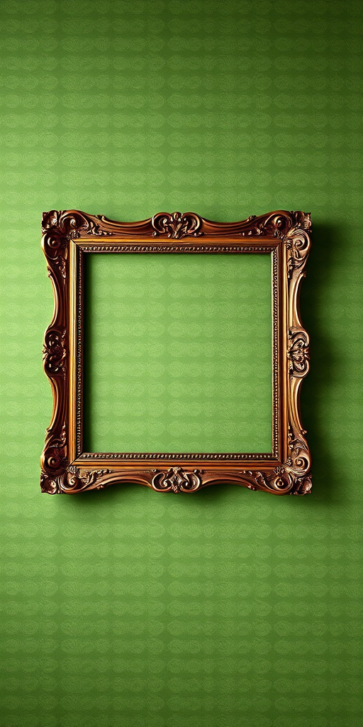 Generate a high-resolution image of an ornate picture frame with a textured green background, 50mm lens, f/4 aperture, ISO 100, natural light from a soft window source, shot in a studio setting with a shallow depth of field to enhance the details of the frame.