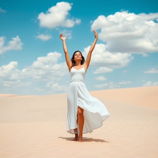 A woman in a white outfit with a flowing skirt stands in a sandy landscape under a blue sky with clouds, posed with arms raised, captured with a Canon EOS R5, 50mm lens, f/1.8 aperture, 1/200 sec shutter speed, and ISO 100 in natural light, focusing on the subject with a shallow depth of field.