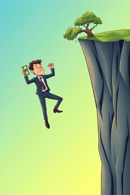 Create an illustration of a worried businessman hanging off the edge of a cliff, holding a dollar bill, with a tree growing out of the cliff edge and a colorful gradient background, using a high-resolution digital art style, with a focus on bright colors, sharp lines, and detailed textures. Camera settings: ISO 100, f/8, 1/125s, with a 50mm lens.