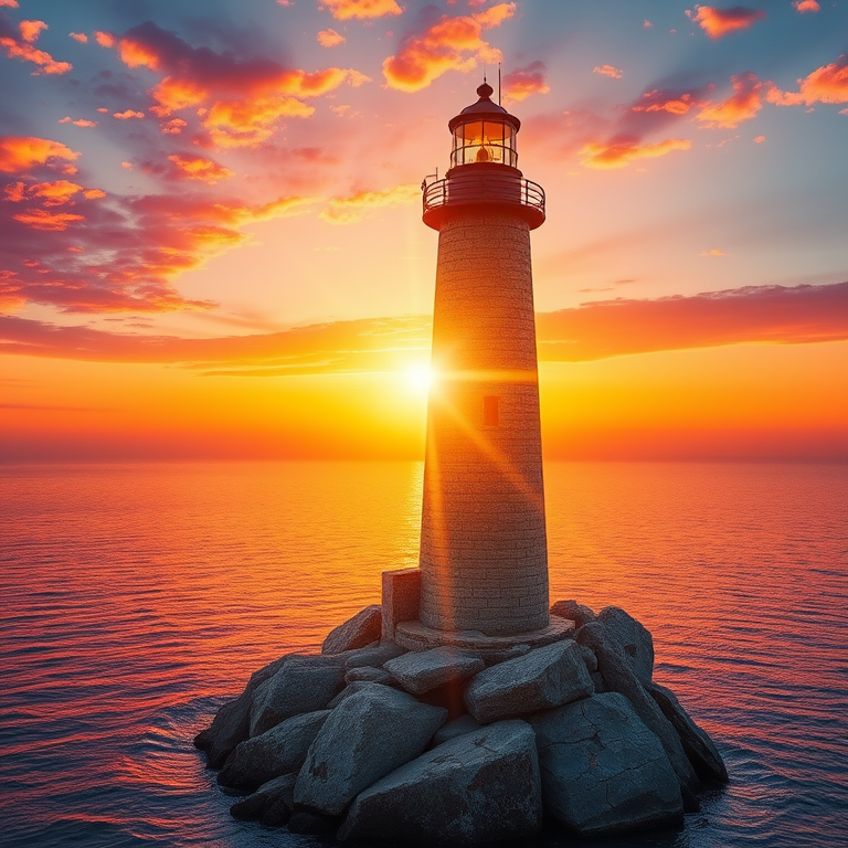 Generate an image of a tall lighthouse perched on a rocky outcrop surrounded by calm ocean waters during a breathtaking sunset. The lighthouse stands sturdy and weathered, its stone surface illuminated by the warm golden light of the setting sun. The sun's rays pass directly through the glass lantern room at the top of the lighthouse, casting a brilliant light across the scene. The sky is painted with vibrant shades of orange, pink, and purple, reflecting off the tranquil sea. The surrounding water shimmers with the same warm hues, creating a serene and majestic atmosphere.
