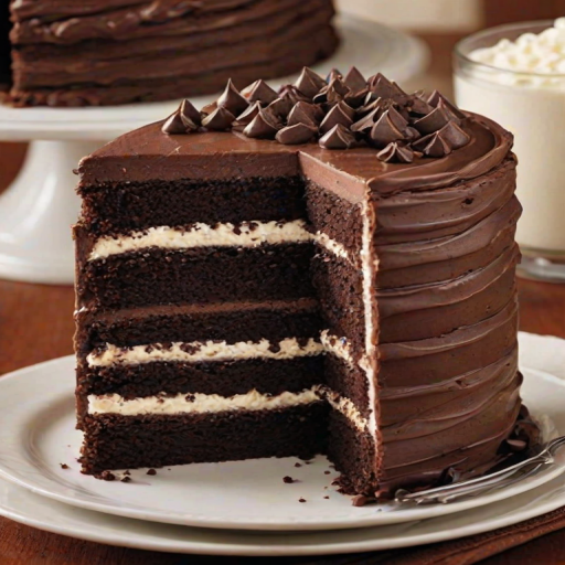 Generate an image of a rich chocolate layer cake with multiple layers of dark chocolate and creamy filling. The top should be glossy with chocolate ganache and adorned with whipped cream and chocolate chips. The cake should look indulgent and tempting, showcasing its moist texture and layers.