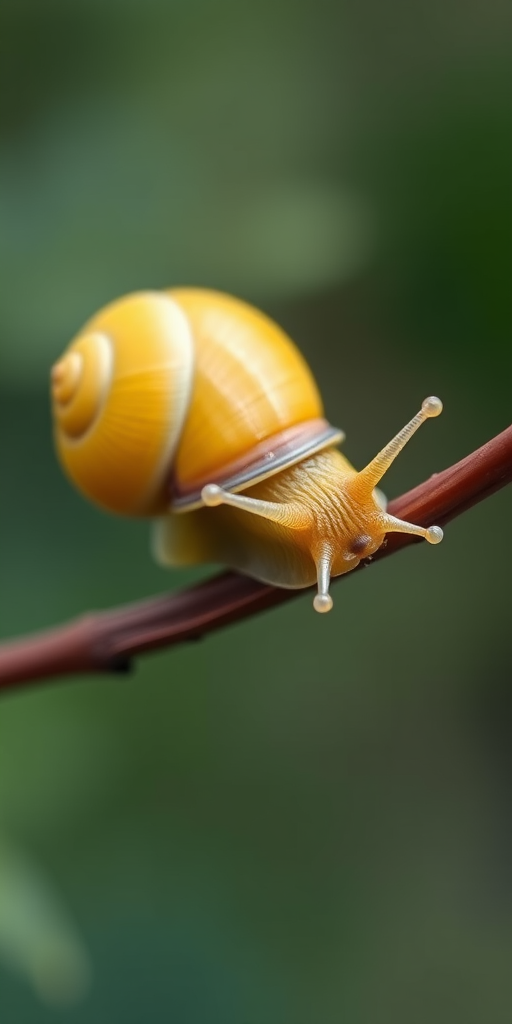 Close-up of a yellow snail shell on a brown twig, shallow depth of field, natural soft lighting, macro lens, f/2.8 aperture, 100mm focal length, ISO 200, focus on the snail, blurred background for enhanced detail.