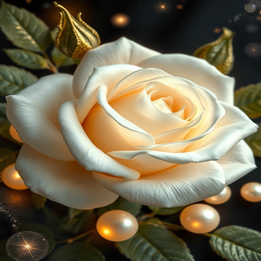 a beautifully detailed white rose with gold accents, surrounded by delicate leaves and soft glowing pearls, on a dark background, vibrant textures and shimmering effects