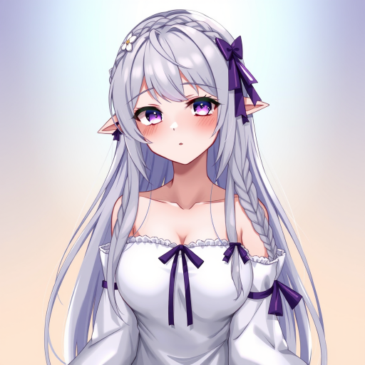 shimilia, long hair, grey hair, purple eyes, pointy ears, crown braid, hair flower, hair ribbon, purple ribbon, x hair ornament, white dress, cleavage, bare shoulders, wide sleeves,
