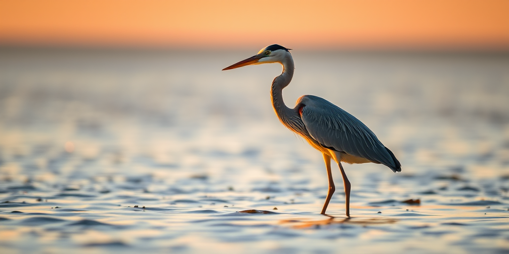 Capture a heron standing gracefully in calm waters during golden hour, using a DSLR camera with a 200mm lens, aperture set to f/4 for a shallow depth of field, shutter speed of 1/500s, ISO 200, and a soft focus background to enhance the tranquility of the scene.