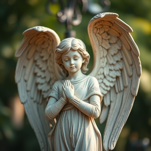 A serene angel statue with large, detailed wings, captured in soft natural light with a shallow depth of field, using a DSLR camera at f/2.8, ISO 100, 50mm lens, with a slight tilt-shift effect for artistic blur.