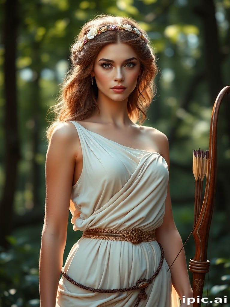Create a portrait of a goddess-like female figure in a tranquil, forested environment. She has an elegant appearance with long, wavy hair styled in an updo and adorned with a delicate, floral headband. She wears a flowing, ancient Greek-inspired gown in a soft, pale color, featuring a one-shoulder design and draped fabric that accentuates her graceful form. The outfit includes a decorative belt with ornate gold detailing, and she holds a bow in her hand, with a quiver of arrows slung over her shoulder. The background depicts lush greenery, with sunlight filtering through the trees, casting a gentle, ethereal light on the scene. Her expression is calm and contemplative, embodying a sense of wisdom and serenity.